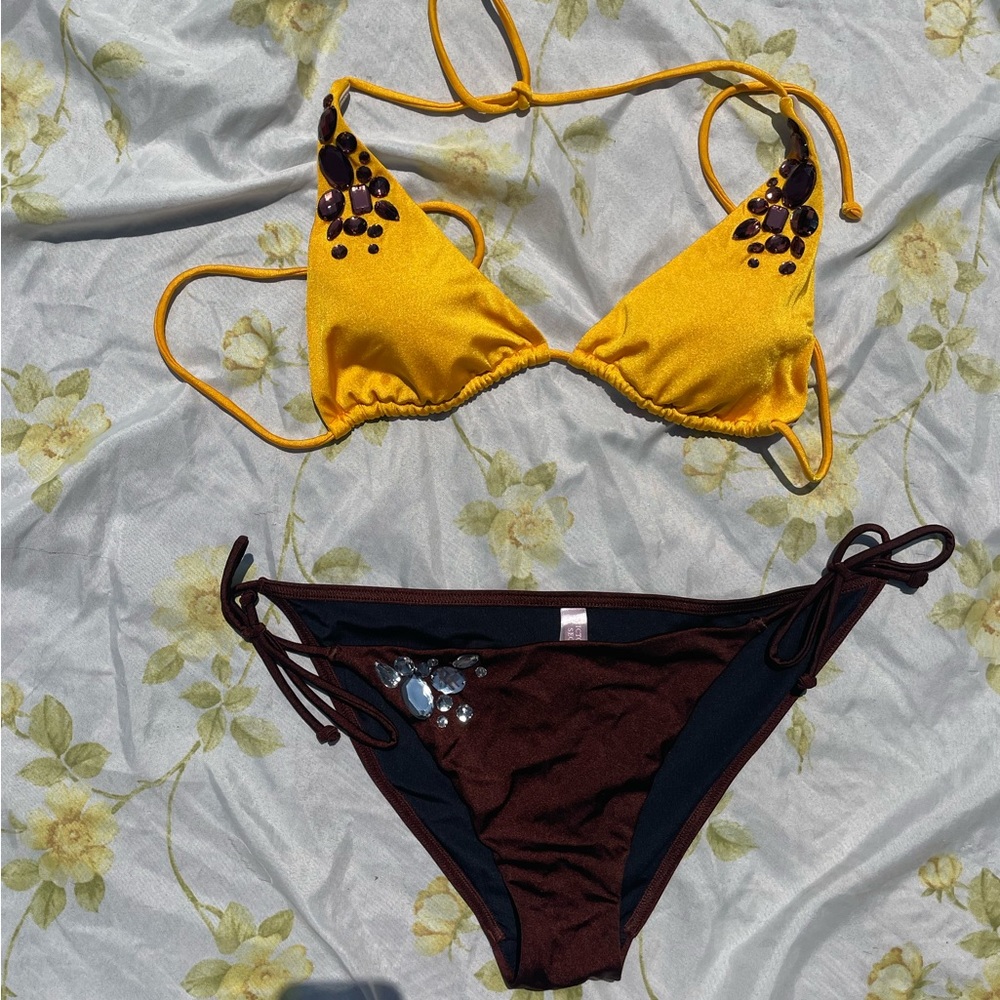 gorgeous shiny soft golden yellow diamond victoria secret bikini top and bottom